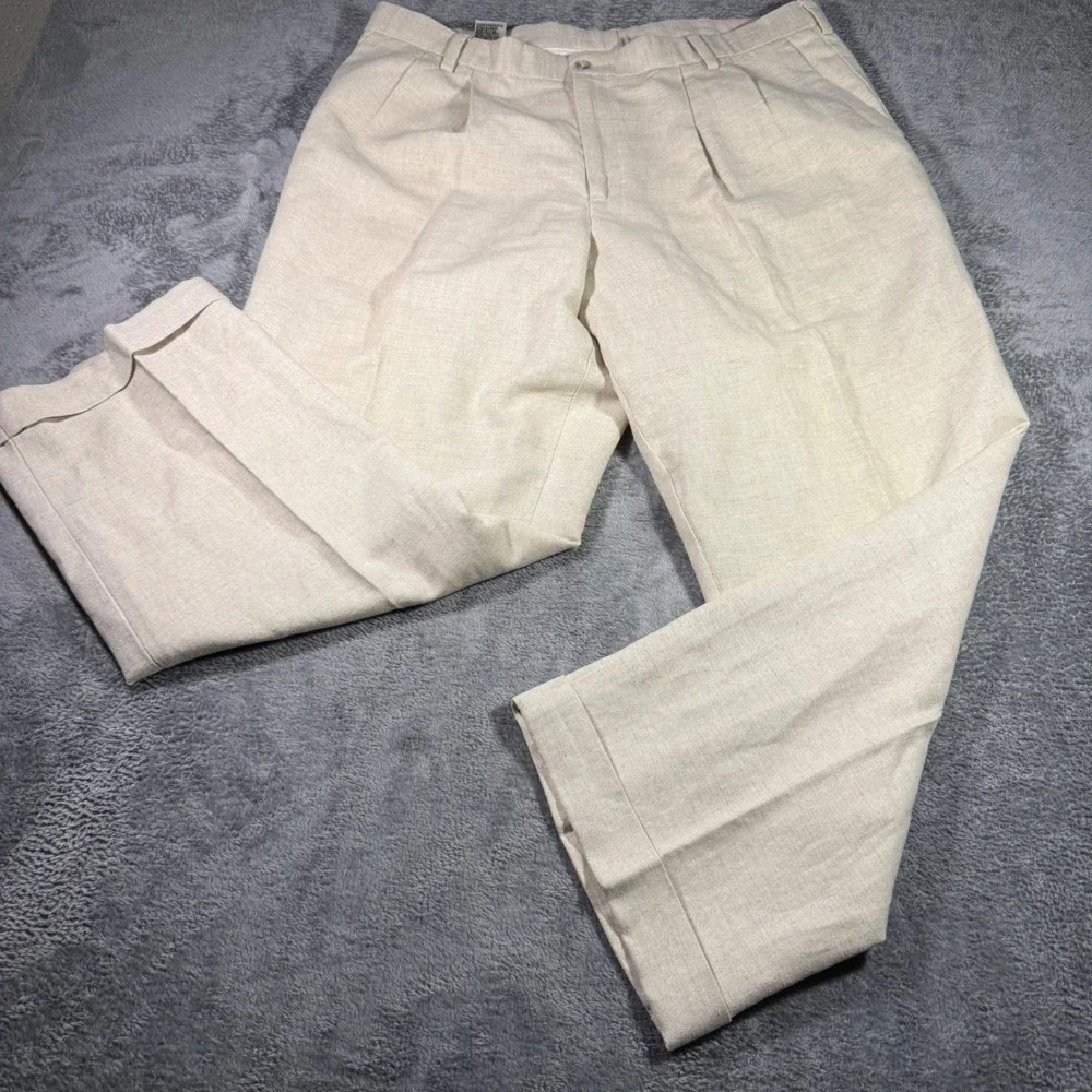 Dockers Mens 42x30 Linen Cotton Pleated Relaxed Fit Cuffed Pants Beige Oatmeal